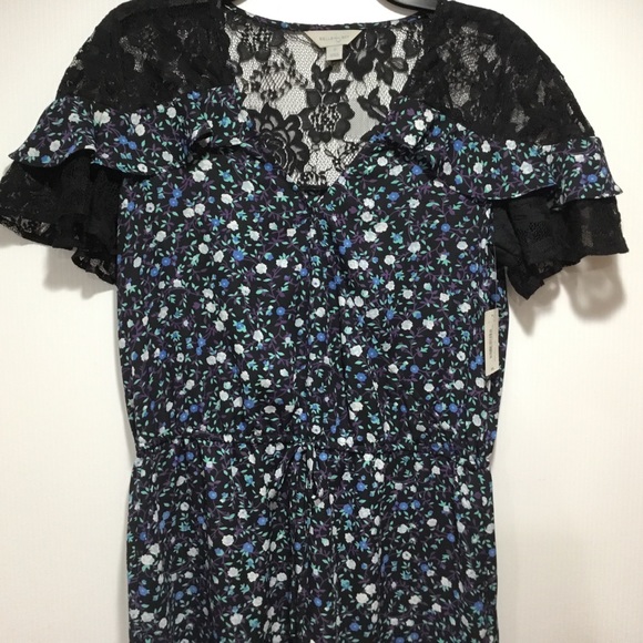 Belle & Ivy Black & Blue Floral Romper with Lace - Picture 2 of 5